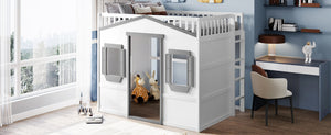 English Elm Full Size Loft Bed Solid Pine Frame with Guard Rails and Slanted Ladder for Kids White+Gray Frame LT000337AAM-1