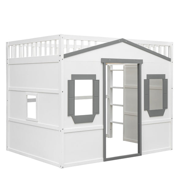 English Elm Full Size Loft Bed Solid Pine Frame with Guard Rails and Slanted Ladder for Kids White+Gray Frame LT000337AAM-1