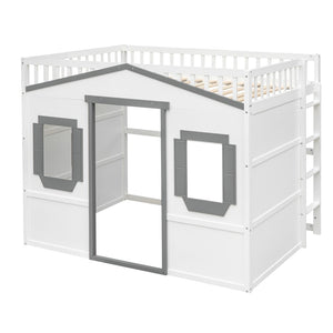 English Elm Full Size Loft Bed Solid Pine Frame with Guard Rails and Slanted Ladder for Kids White+Gray Frame LT000337AAM-1