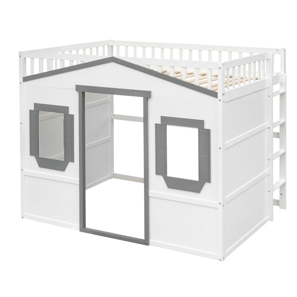 English Elm Full Size Loft Bed Solid Pine Frame with Guard Rails and Slanted Ladder for Kids White+Gray Frame LT000337AAM-1