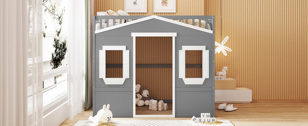 English Elm Full Size Loft Bed Solid Pine Frame with Guard Rails and Slanted Ladder for Kids Gray+White Frame LT000337AAN-1