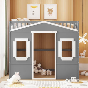 English Elm Full Size Loft Bed Solid Pine Frame with Guard Rails and Slanted Ladder for Kids Gray+White Frame LT000337AAN-1