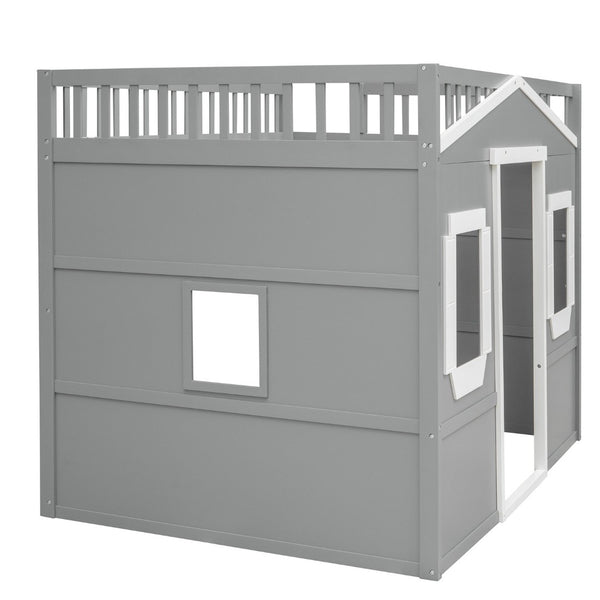 English Elm Full Size Loft Bed Solid Pine Frame with Guard Rails and Slanted Ladder for Kids Gray+White Frame LT000337AAN-1