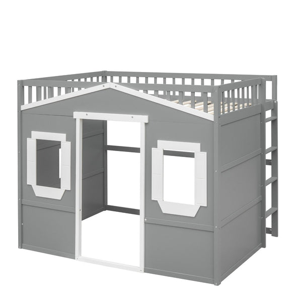 English Elm Full Size Loft Bed Solid Pine Frame with Guard Rails and Slanted Ladder for Kids Gray+White Frame LT000337AAN-1