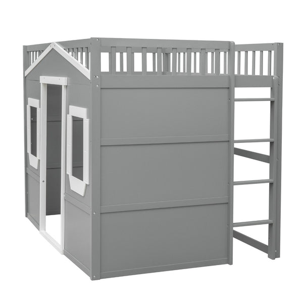 English Elm Full Size Loft Bed Solid Pine Frame with Guard Rails and Slanted Ladder for Kids Gray+White Frame LT000337AAN-1