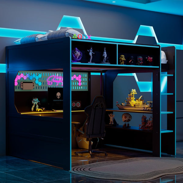 English Elm Full Size Gaming Loft Bed with LED Lighting Desk Charging Station and Pinewood Frame Black+Blue LT000406AAC