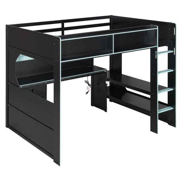 English Elm Full Size Gaming Loft Bed with LED Lighting Desk Charging Station and Pinewood Frame Black+Blue LT000406AAC
