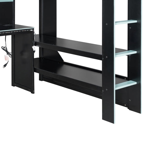 English Elm Full Size Gaming Loft Bed with LED Lighting Desk Charging Station and Pinewood Frame Black+Blue LT000406AAC