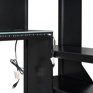 English Elm Full Size Gaming Loft Bed with LED Lighting Desk Charging Station and Pinewood Frame Black+Blue LT000406AAC