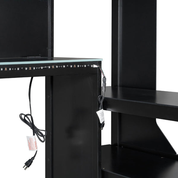 English Elm Full Size Gaming Loft Bed with LED Lighting Desk Charging Station and Pinewood Frame Black+Blue LT000406AAC