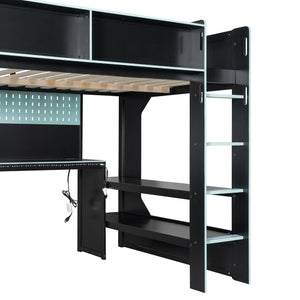 English Elm Full Size Gaming Loft Bed with LED Lighting Desk Charging Station and Pinewood Frame Black+Blue LT000406AAC
