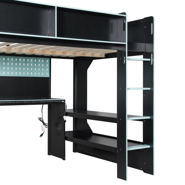 English Elm Full Size Gaming Loft Bed with LED Lighting Desk Charging Station and Pinewood Frame Black+Blue LT000406AAC