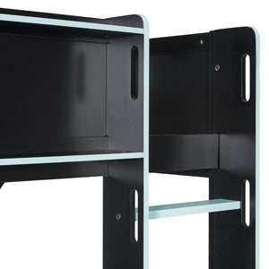 English Elm Full Size Gaming Loft Bed with LED Lighting Desk Charging Station and Pinewood Frame Black+Blue LT000406AAC