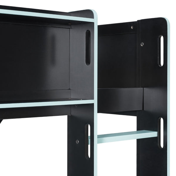 English Elm Full Size Gaming Loft Bed with LED Lighting Desk Charging Station and Pinewood Frame Black+Blue LT000406AAC