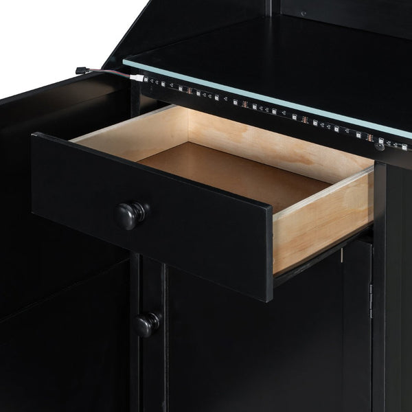 English Elm Full Size Gaming Loft Bed with LED Lighting Desk Charging Station and Pinewood Frame Black+Blue LT000406AAC