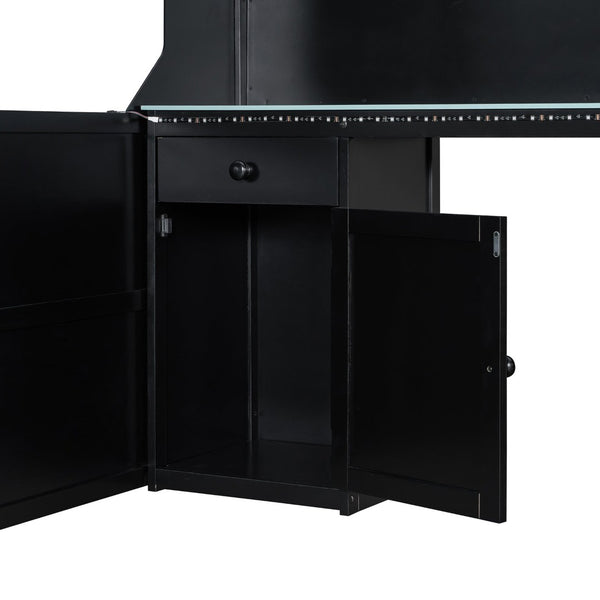 English Elm Full Size Gaming Loft Bed with LED Lighting Desk Charging Station and Pinewood Frame Black+Blue LT000406AAC
