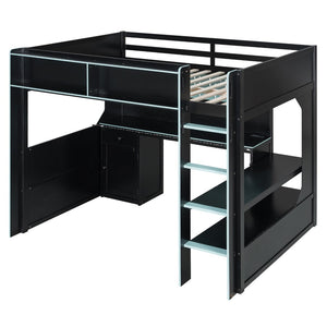 English Elm Full Size Gaming Loft Bed with LED Lighting Desk Charging Station and Pinewood Frame Black+Blue LT000406AAC