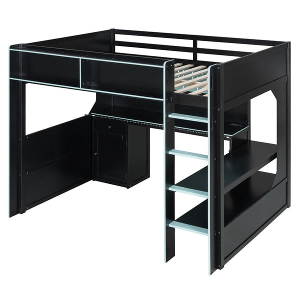 English Elm Full Size Gaming Loft Bed with LED Lighting Desk Charging Station and Pinewood Frame Black+Blue LT000406AAC