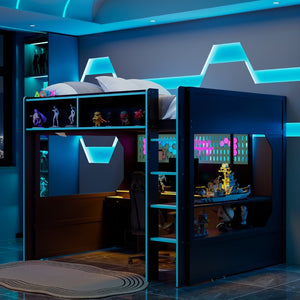 English Elm Full Size Gaming Loft Bed with LED Lighting Desk Charging Station and Pinewood Frame Black+Blue LT000406AAC