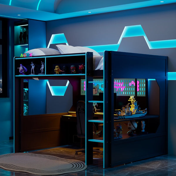 English Elm Full Size Gaming Loft Bed with LED Lighting Desk Charging Station and Pinewood Frame Black+Blue LT000406AAC
