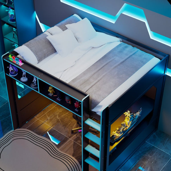 English Elm Full Size Gaming Loft Bed with LED Lighting Desk Charging Station and Pinewood Frame Black+Blue LT000406AAC