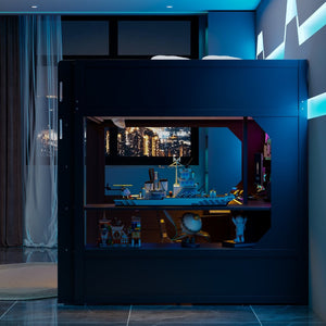 English Elm Full Size Gaming Loft Bed with LED Lighting Desk Charging Station and Pinewood Frame Black+Blue LT000406AAC