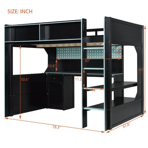 English Elm Full Size Gaming Loft Bed with LED Lighting Desk Charging Station and Pinewood Frame Black+Blue LT000406AAC