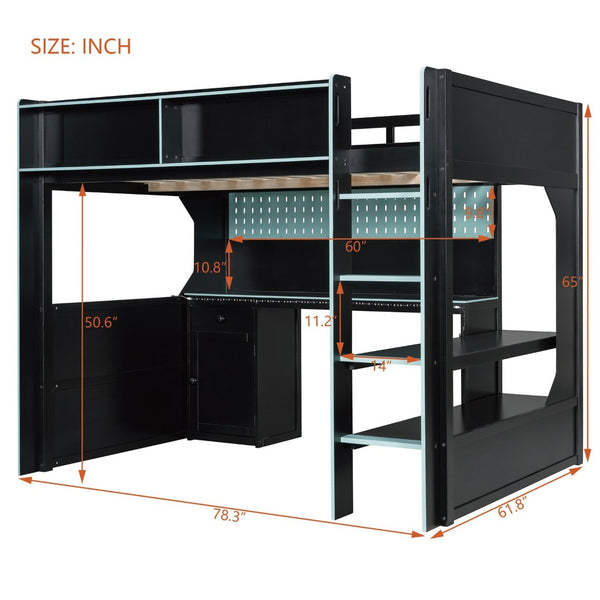 English Elm Full Size Gaming Loft Bed with LED Lighting Desk Charging Station and Pinewood Frame Black+Blue LT000406AAC