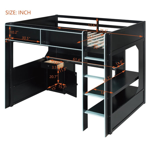 English Elm Full Size Gaming Loft Bed with LED Lighting Desk Charging Station and Pinewood Frame Black+Blue LT000406AAC
