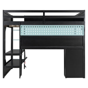 English Elm Full Size Gaming Loft Bed with LED Lighting Desk Charging Station and Pinewood Frame Black+Blue LT000406AAC