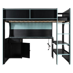 English Elm Full Size Gaming Loft Bed with LED Lighting Desk Charging Station and Pinewood Frame Black+Blue LT000406AAC