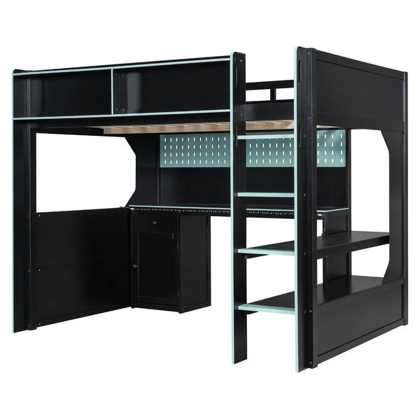English Elm Full Size Gaming Loft Bed with LED Lighting Desk Charging Station and Pinewood Frame Black+Blue LT000406AAC