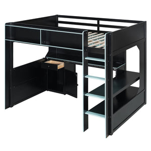 English Elm Full Size Gaming Loft Bed with LED Lighting Desk Charging Station and Pinewood Frame Black+Blue LT000406AAC