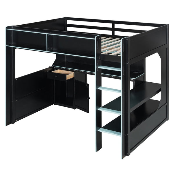 English Elm Full Size Gaming Loft Bed with LED Lighting Desk Charging Station and Pinewood Frame Black+Blue LT000406AAC