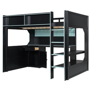 English Elm Full Size Gaming Loft Bed with LED Lighting Desk Charging Station and Pinewood Frame Black+Blue LT000406AAC