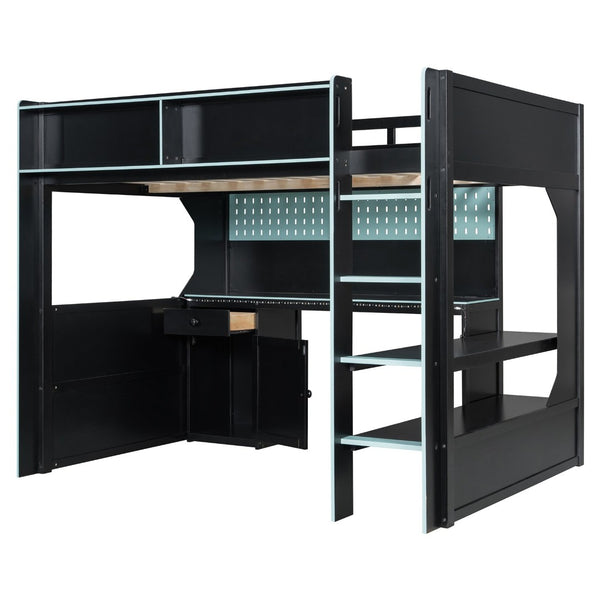 English Elm Full Size Gaming Loft Bed with LED Lighting Desk Charging Station and Pinewood Frame Black+Blue LT000406AAC