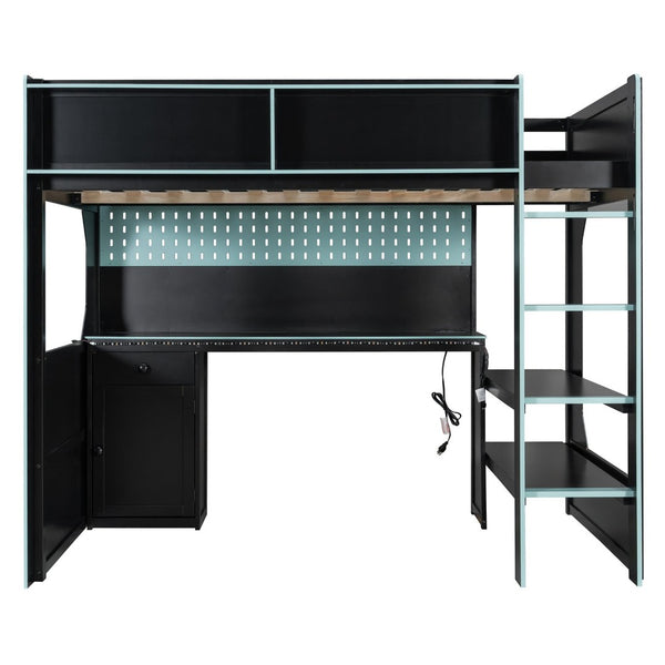 English Elm Full Size Gaming Loft Bed with LED Lighting Desk Charging Station and Pinewood Frame Black+Blue LT000406AAC