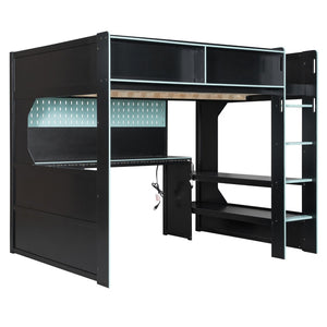 English Elm Full Size Gaming Loft Bed with LED Lighting Desk Charging Station and Pinewood Frame Black+Blue LT000406AAC