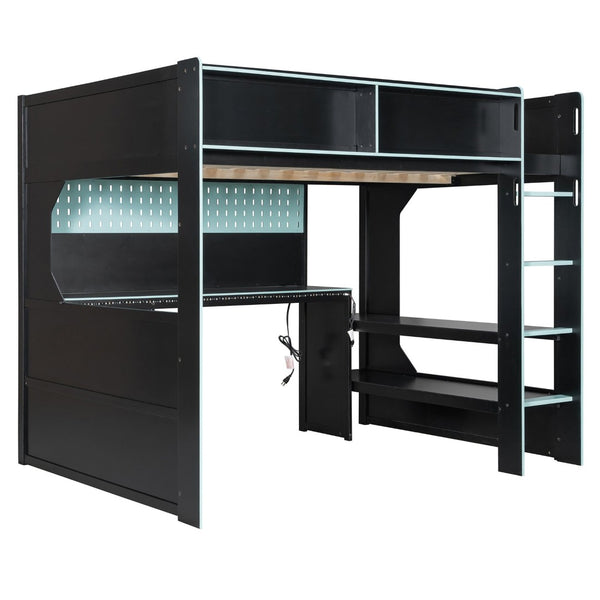 English Elm Full Size Gaming Loft Bed with LED Lighting Desk Charging Station and Pinewood Frame Black+Blue LT000406AAC
