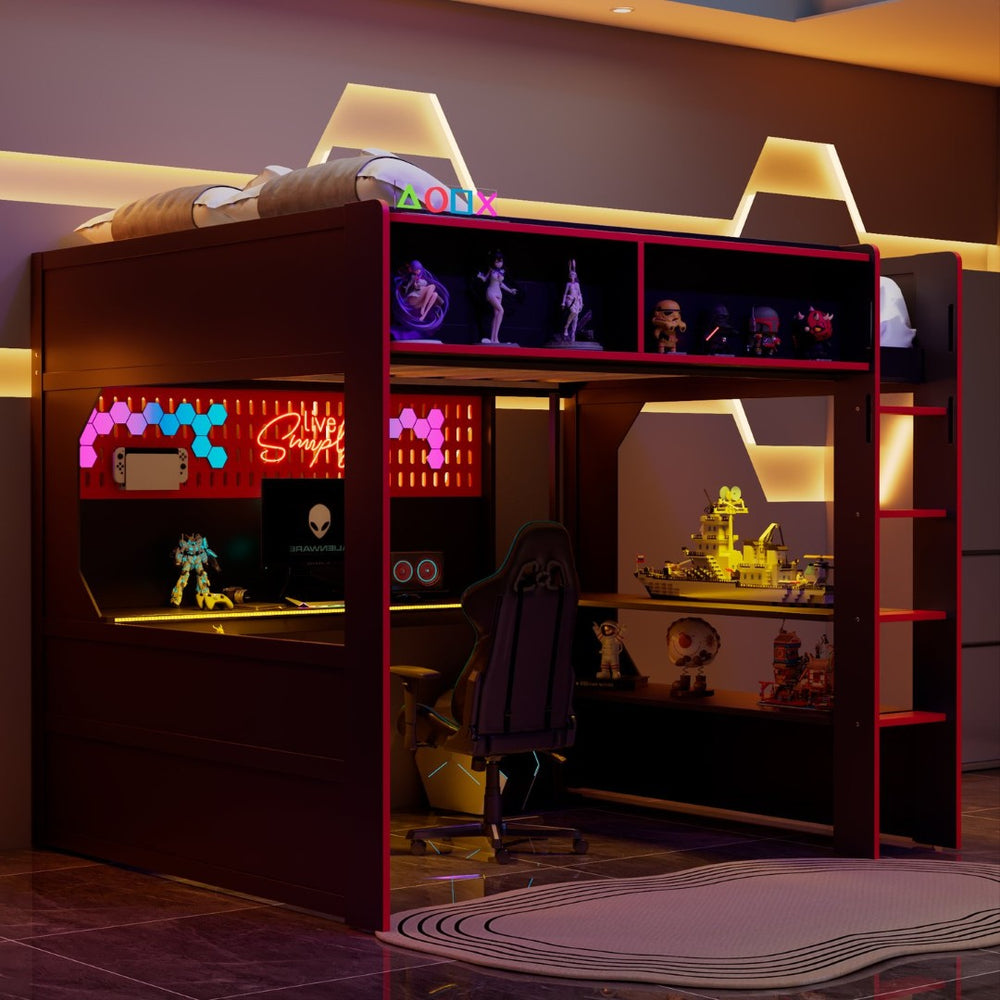 English Elm Full Size Gaming Loft Bed with LED Lighting Desk Charging Station and Pinewood Frame Black+Red LT000406AAJ