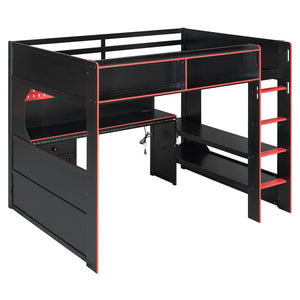 English Elm Full Size Gaming Loft Bed with LED Lighting Desk Charging Station and Pinewood Frame Black+Red LT000406AAJ