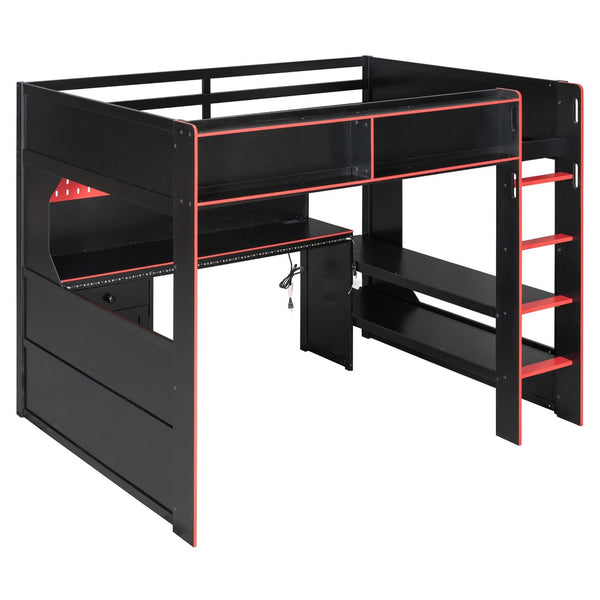 English Elm Full Size Gaming Loft Bed with LED Lighting Desk Charging Station and Pinewood Frame Black+Red LT000406AAJ