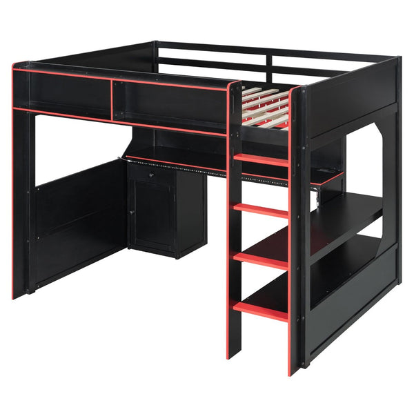 English Elm Full Size Gaming Loft Bed with LED Lighting Desk Charging Station and Pinewood Frame Black+Red LT000406AAJ