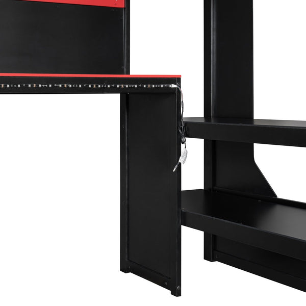 English Elm Full Size Gaming Loft Bed with LED Lighting Desk Charging Station and Pinewood Frame Black+Red LT000406AAJ