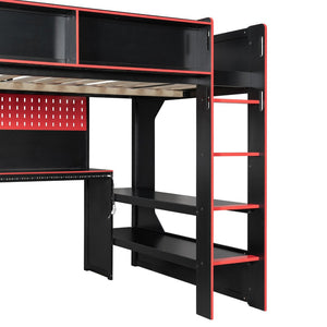 English Elm Full Size Gaming Loft Bed with LED Lighting Desk Charging Station and Pinewood Frame Black+Red LT000406AAJ