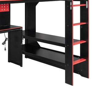 English Elm Full Size Gaming Loft Bed with LED Lighting Desk Charging Station and Pinewood Frame Black+Red LT000406AAJ
