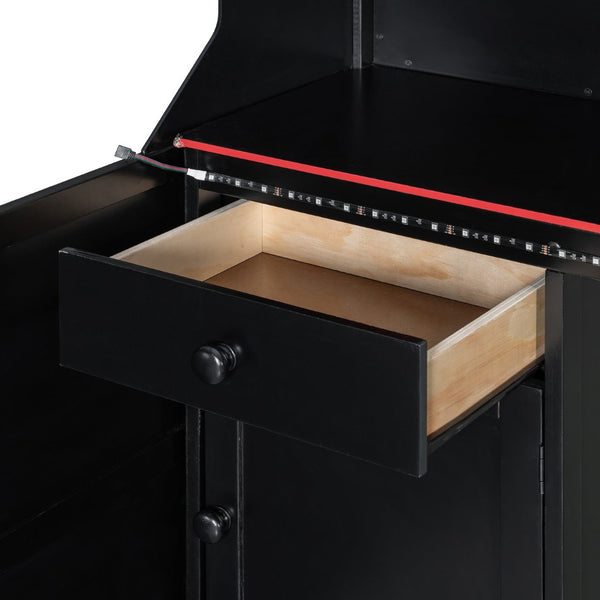 English Elm Full Size Gaming Loft Bed with LED Lighting Desk Charging Station and Pinewood Frame Black+Red LT000406AAJ