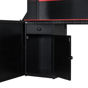 English Elm Full Size Gaming Loft Bed with LED Lighting Desk Charging Station and Pinewood Frame Black+Red LT000406AAJ