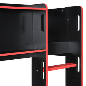 English Elm Full Size Gaming Loft Bed with LED Lighting Desk Charging Station and Pinewood Frame Black+Red LT000406AAJ