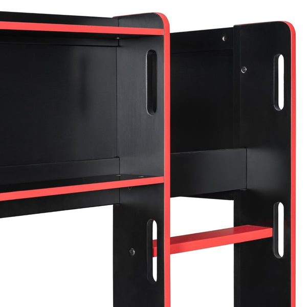 English Elm Full Size Gaming Loft Bed with LED Lighting Desk Charging Station and Pinewood Frame Black+Red LT000406AAJ